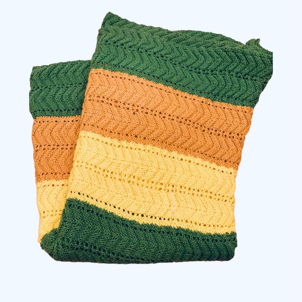 70s Retro Green Yellow Mustard Brown Stripe Afghan Throw Blanket Crochet Knit